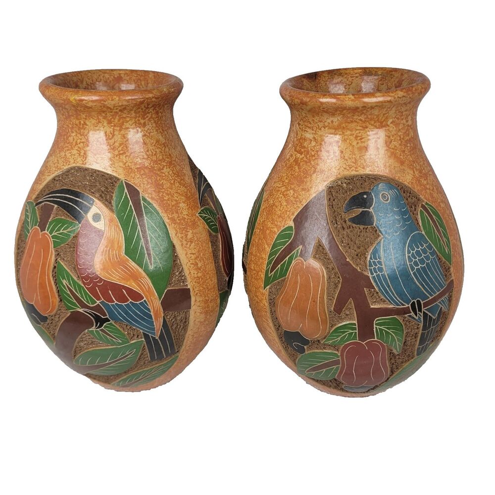 Costa Rica Folk Art Pottery Vase Hand Painted Carved Toucans & Parrots Pair 7"
